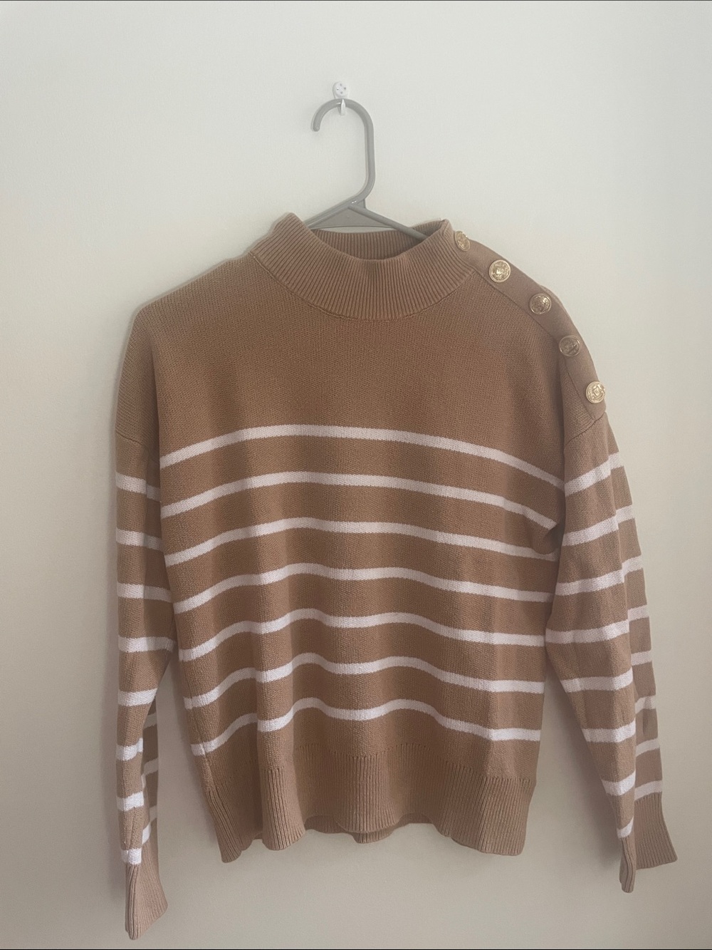 Striped Mock Neck Sweater with Shoulder Buttons - Camel & White